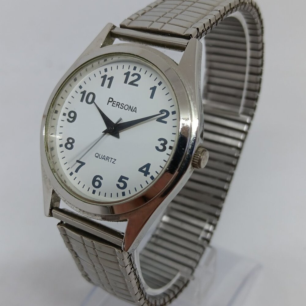 Persona Unisex 37mm Silver Tone Quartz Stretch Band Easy Read Watch NEW BATTERY